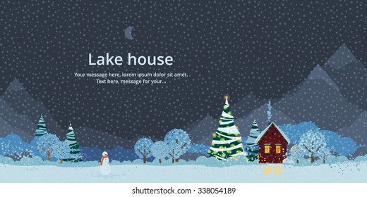 Winter night, house in the mountains, festive fir