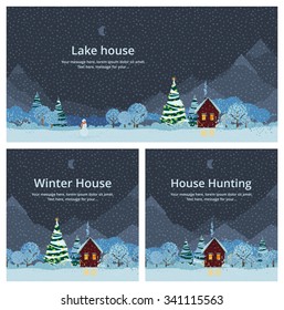 Winter night, house in the mountains, festive fir