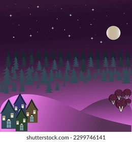 Winter night illustration. Winter forest night Vectors  Illustrations