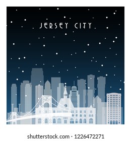 Winter night in Jersey City. Night city in flat style for banner, poster, illustration, background.