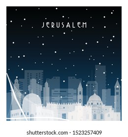 Winter night in Jerusalem. Night city in flat style for banner, poster, illustration, background.