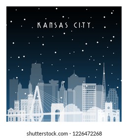 Winter Night In Kansas City. Night City In Flat Style For Banner, Poster, Illustration, Background.