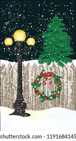 Winter, night, lamppost, fence, Christmas wreath, tree, snow, snowdrifts - vector illustration