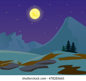 Winter night landscape background. Ice, snow hills, mountains, clouds sky