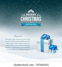 Winter night landscape background with snowfall and gift boxes with blue bow and ribbon. Happy New Year and Merry Christmas vintage badge. Snow falling down. Greeting card, banner template. Vector.