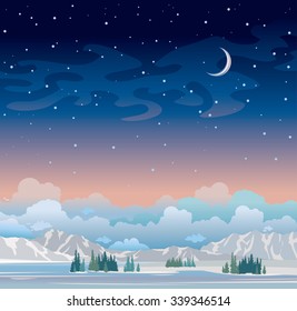 Winter night landscape. Blue starry sky with moon and green forest with mountains. Nature vector illustration. 