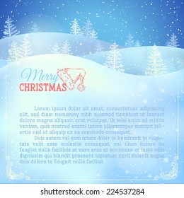 Winter night landscape. Christmas vector background. Vintage frame for your text. 
