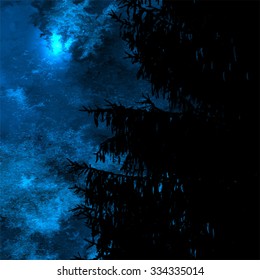 Winter night landscape, dark spruce silhouette over blue watercolor sky texture, Christmas night or New Year Eve background, vector illustration