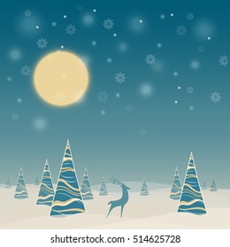 Winter night landscape with deer and trees. Vector illustration