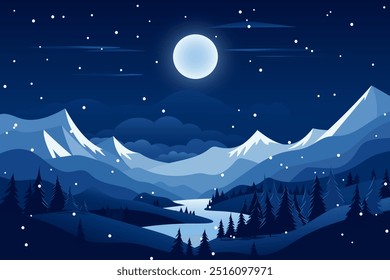 Winter night landscape of forest and mountains. Beautiful snow-capped mountains, forest, trees, snowdrifts and an amazing night sky with stars, moon and clouds. Christmas Eve.