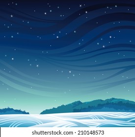 Winter night landscape - frozen forest and magic starry sky.