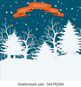 Winter night landscape with hand drawn forest, snowfall, red birds, and ribbon banner template for text. Vector square illustration for winter holiday card design.