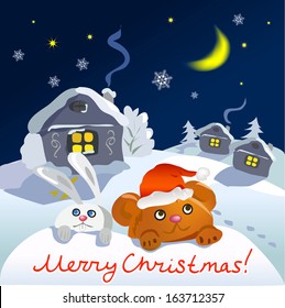 winter night landscape with hare and  bear. Christmas Night. vector illustration