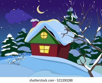 Winter night landscape. The house with a chimney. The smoke from the chimney. Freezing day. New Year's and Christmas. Christmas Eve. All homes are vsbore. Green fir trees in the snow.