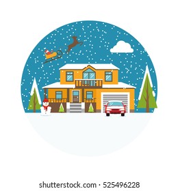 Winter night landscape with house, trees, and Santa Claus in sleigh. Vector illustration flat design. Isolated icon on white background. Christmas greeting card. Happy New Year and Merry Christmas.