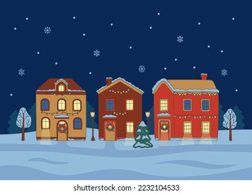 Paisajes nocturnos de invierno casas decorando garland afuera con abetos, estilo doodle. Interior de edificio de nieve dibujado a mano con abeto. Celebración y vacaciones de invierno. Ilustración del vector