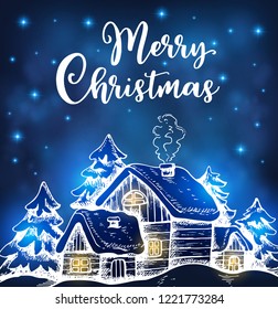 Winter night landscape with houses and fir in the snow on a blue background. Hand drawn Christmas greeting card. 