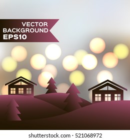 Winter night landscape with houses and fir trees. EPS10