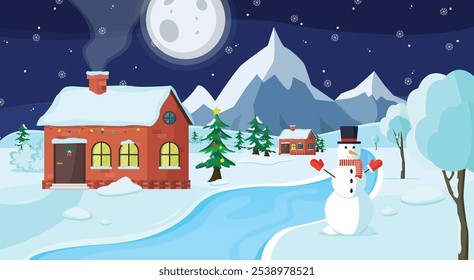 Winter night landscape with houses, snowman, river and trees. Christmas and New Year background.