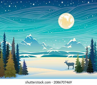 Winter night landscape. Winter image with green forest, silhouette of deer and mountains with snow on night starry sky. Vector wild nature illustration.