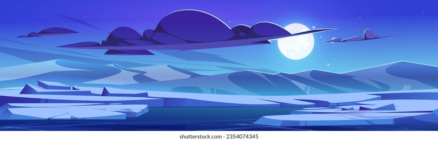 Winter night landscape with lake and ice, snowy mountains and big moon, stars and clouds in sky - cartoon vector illustration. Horizontal background in blue color