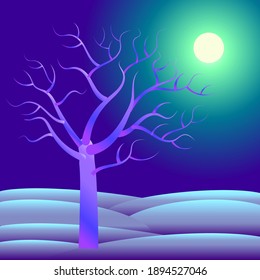 paisaje nocturno de invierno con árbol de lilas y luna