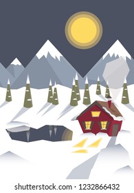 Winter night landscape: moon, mountains, snow, spruces, tree, village house, lake. Pastel colours. Flat cartoon style vector illustration.