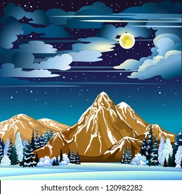 Winter night landscape with mountains, frozen trees and full moon on a cloudy sky