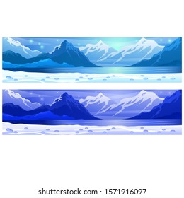 Winter night landscape, mountains, sea, clouds isolated on a white background. Vector cartoon close-up illustration