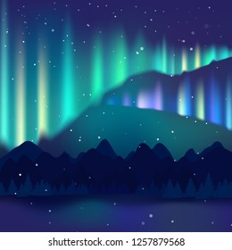 Winternachtslandschaft, Nordlichter, Aurora Borealis. Arktis, Alaska, Kanada, Nordpol. Gebirge, Gebirgskette, hohe Fichte, Sternenhimmel und Schneefall.1