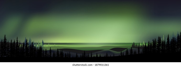 Winter night landscape with northern lights, mountain and pine tree,Vector Night sky and spectacular aurora borealis