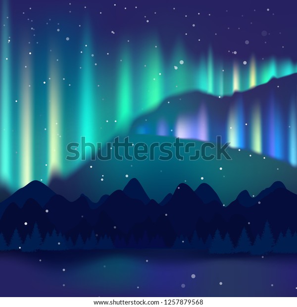 Winter Night Landscape Northern Lights Aurora Stock Vector Royalty Free