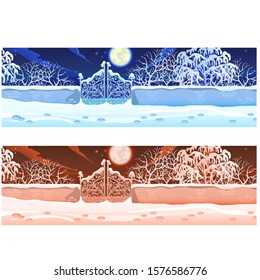 Winter night landscape with Park wrought iron gates and garden isolated on a white background. Vector cartoon close-up illustration