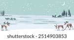 winter night landscape with reindeers, caribou, snowy background with moon, hand drawn vector illustration