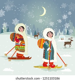 winter night landscape with skiing girls in traditional costume of northern peoples for your design