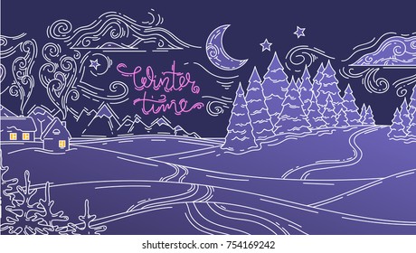 Winter night landscape, slightly colored outline vector background