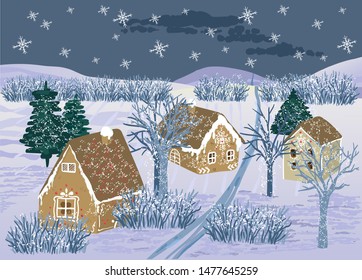 Winter night landscape with snow covered houses and trees. Hand drawn cartoon illustration for design.