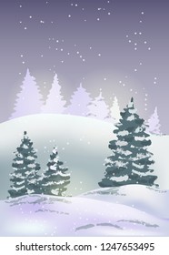 Winter night landscape with snow flakes, hills and fir trees. Holiday Christmas and New Year background. Vector illustration.