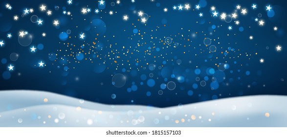 Winternachtslandschaft mit Schnee und Lichtern. Weihnachtsmagie, Winterhintergrund