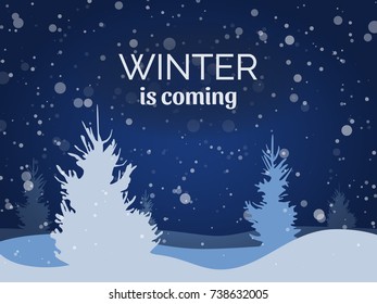 Winter night landscape with snow and pine trees, vector illustration. Christmas card.