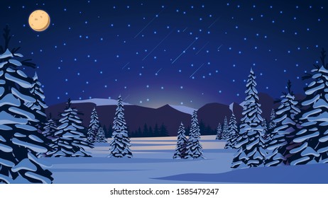 Winter night landscape with snow-covered pines, hills on horizon, blue starry sky, big full moon and snow-covered plains.