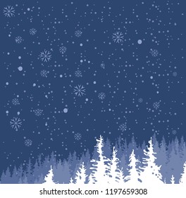 Winter night landscape with snowfall and white tops of centuries-old fir trees on the background of dark blue sky with snowflakes. Vector background for winter illustration