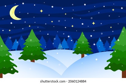 Winter night landscape. Snowy fir forest scenery. Winter season. Vector illustration.