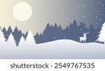 Winter Night Landscape with Snowy Forest and Deer Silhouette under a Full Moon flat design