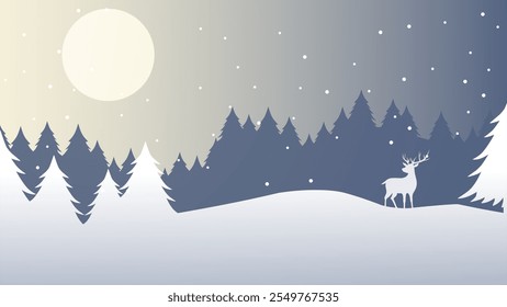 Winter Night Landscape with Snowy Forest and Deer Silhouette under a Full Moon flat design