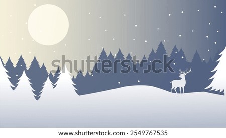Winter Night Landscape with Snowy Forest and Deer Silhouette under a Full Moon flat design