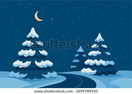Winter Night Landscape — Snowy Forest Under Moonlight Vector	