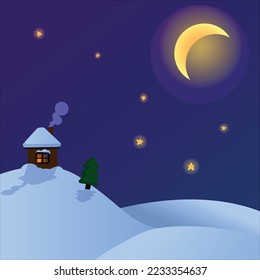 Winternachtslandschaft. Ursa Major. Schnee, Sterne, Mond