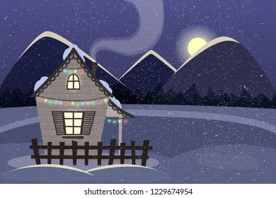 Winter night landscape vector illustration. Small house decorated by christmas lights. Mountain and frozen lake background. The fallen snow texture.