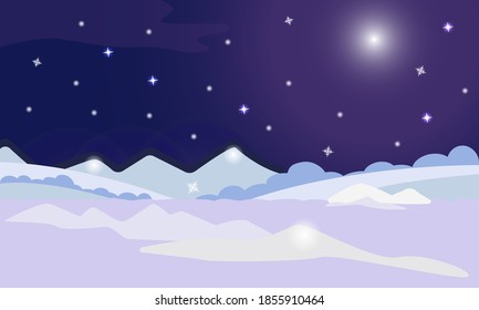 Paisaje nocturno de invierno. Ilustración vectorial de la naturaleza invernal. Cielo, estrellas, luna y nieve. Fondo de invierno